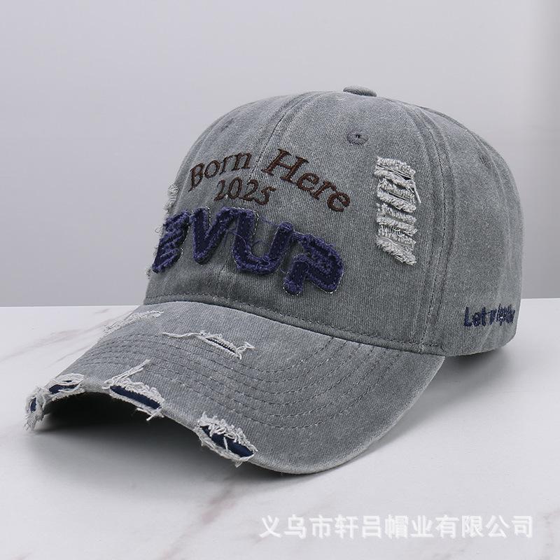 Retro washed old letter patch embroidery ripped soft top baseball cap summer couple outdoor sun hat