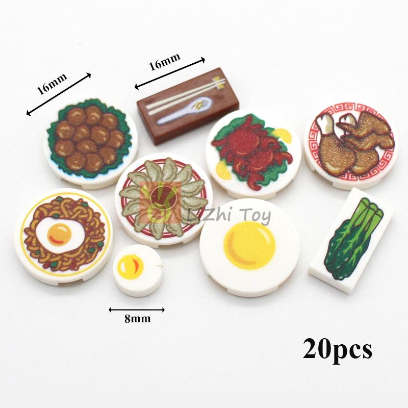 MOC Городские уличные фигурки Вид Печать Еда Десерт Традиционная китайская кухня Строительные блоки Монитор Глаза Кирпичики Напечатанные игрушки