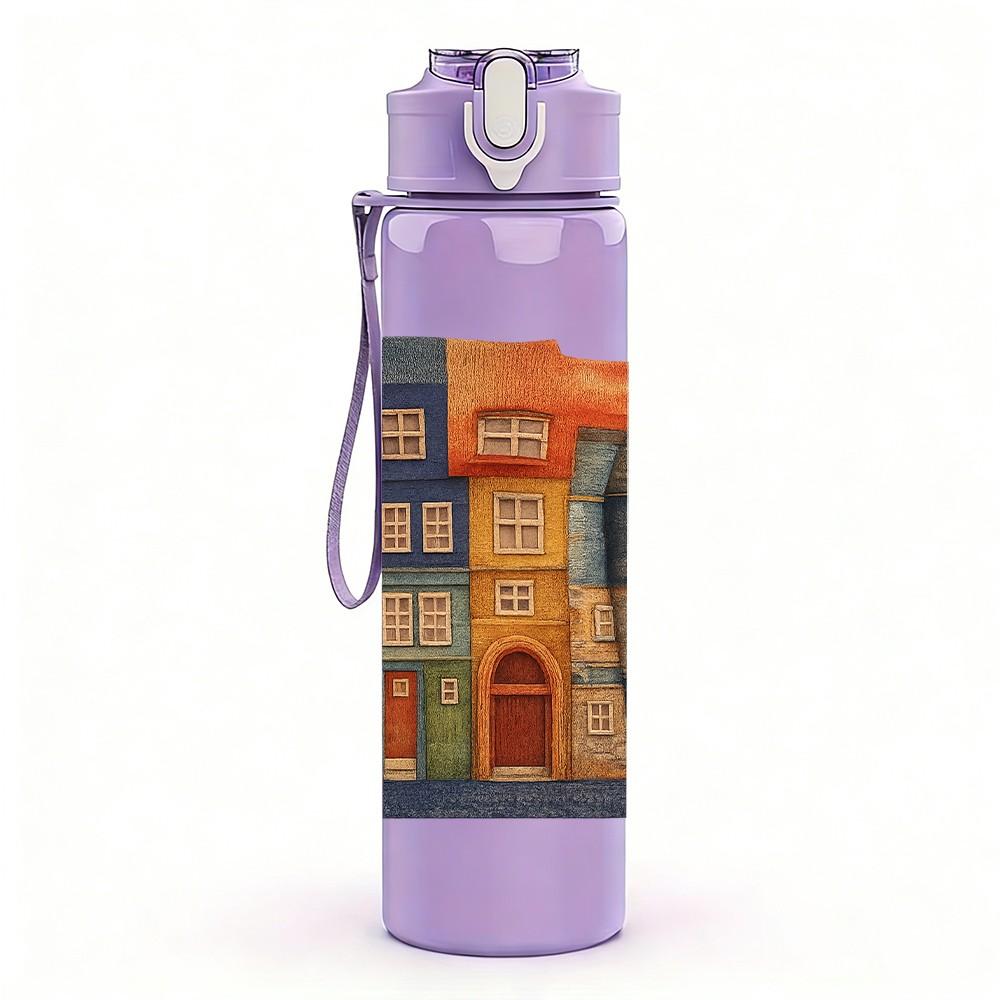 1PC Old Colorful European Town House Print 750ml Color Plastic Sports Water Bottle Leakproof Flip Straw Lid Suitable for Sports Office Home Use