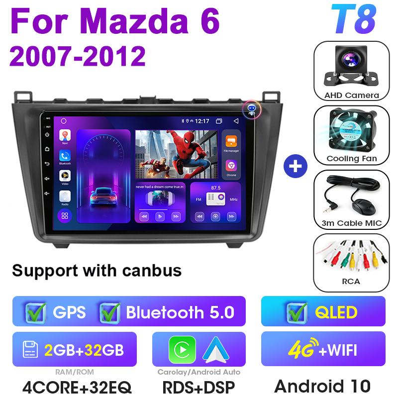 2 Din Android 12 Автомагнитола для Mazda 6 Rui Wing 2007 - 2012 Мультимедийный видеоплеер GPS 4G Carplay Auto Стерео RDS DVD Головное устройство