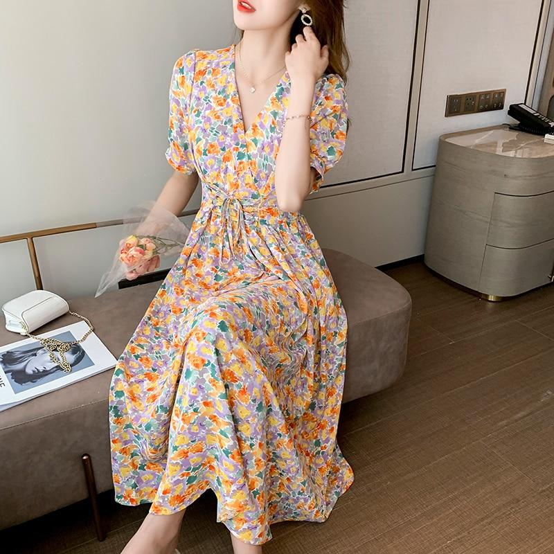 Элегантные вечерние длинные вечерние платья с V-образным вырезом, модное шикарное пляжное платье с цветочным принтом, повседневное летнее платье с короткими рукавами и принтом, халат 22205