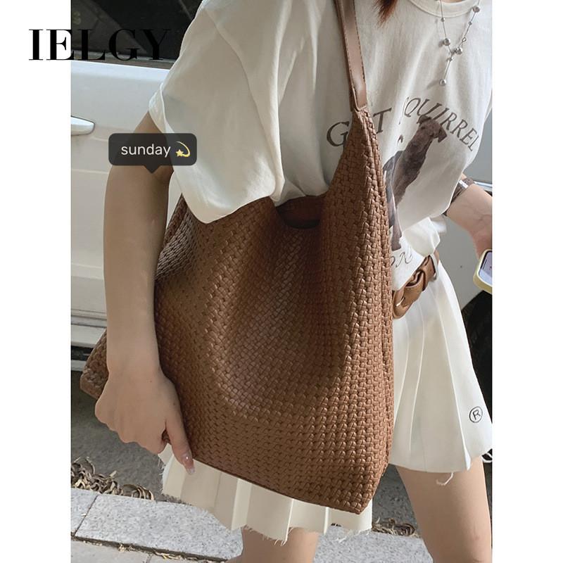 Ielgy Retro Large-Capacity Underarm Commuter Bag Women Simple Woven Pattern Fashion One-Shoulder Tote Bag