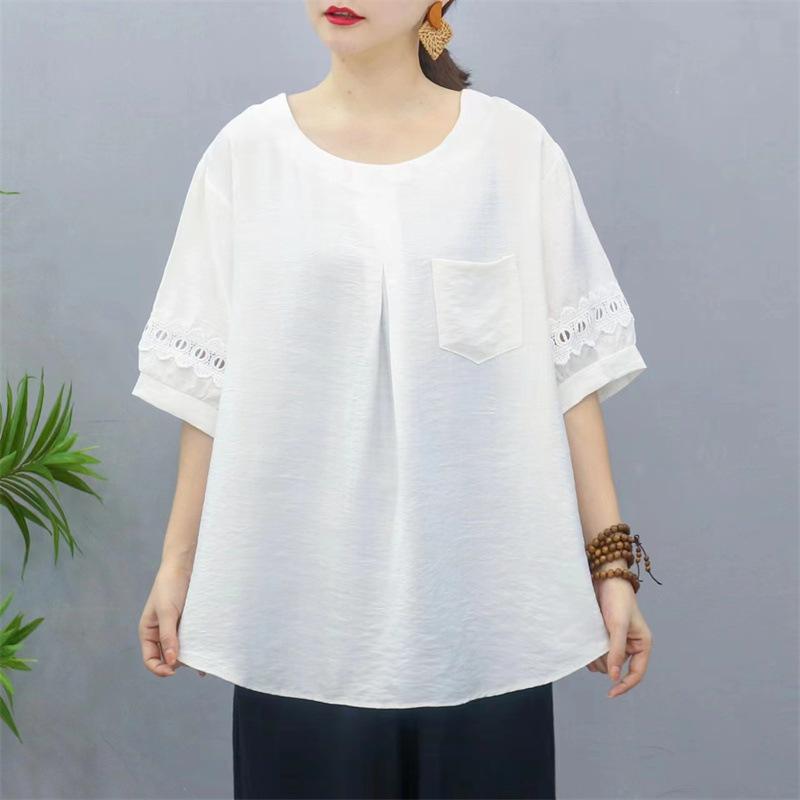 Летний круглый вырез Tencel Cotton Корейская версия Утягивающий корейский вариант Повседневный топ Женская корейская версия кружева с короткими рукавами Футболка