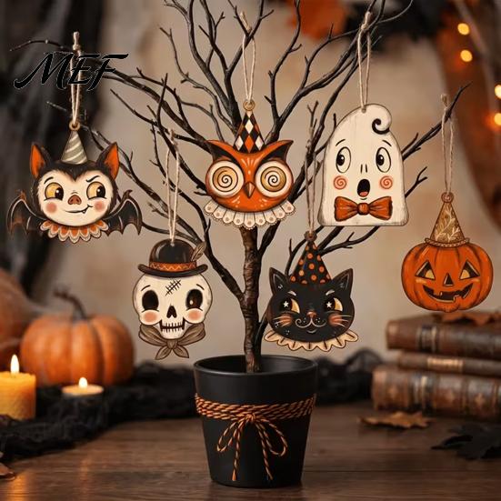 Decorative Tags for Gift Packaging 6 Pcs Vintage Halloween Wooden Ornaments, Rustic Farmhouse Cat Owl Pumpkin Cute Ghost Decor Hanging Decorations