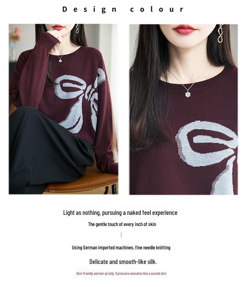 Жаккардовый женский свитер крупной вязки: Круглый вырез, длинный рукав, большой размер, осенне-зимняя мода высокого класса.