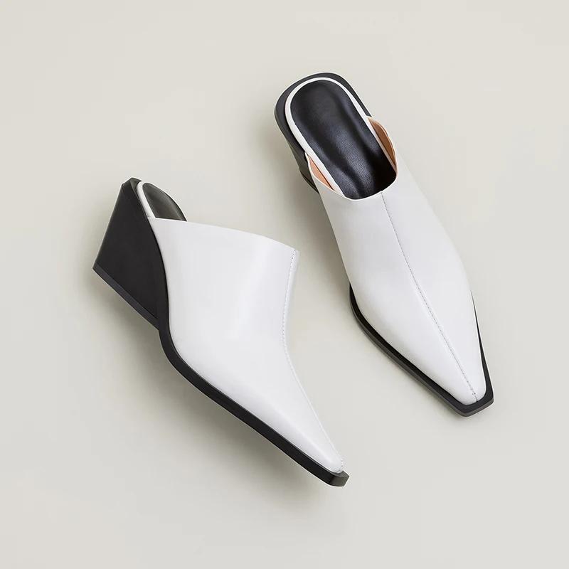 Fashion Brand New Ladies Genuine Leather Mules Fashion Med Chunky Heels Summer Wedges Slippers Women 2025 Casual Office Shoes Woman
