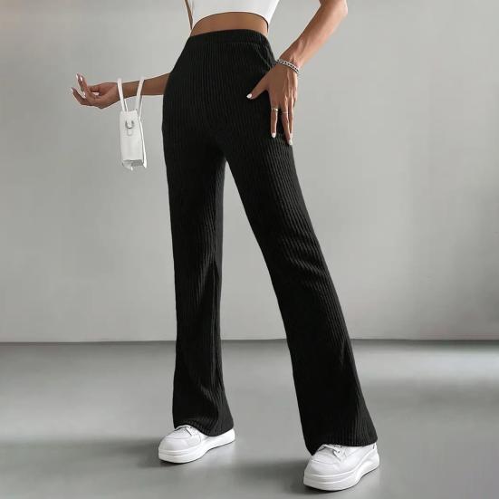Women Pants High Waist Solid Color Ribbed Casual Trousers Slim Fit Spring