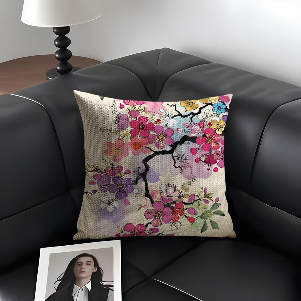 Watercolor Art Pattern Cushion Cover Natural Linen Organic Fabric DoubleSided Printing Sofa Home Decor Gift Pillow Case