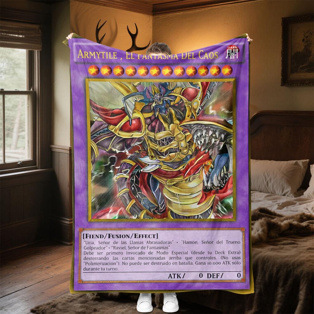 Super soft blanket, featuring the pattern of Yu-Gi-Oh! cards. Warm and comfortable, it is an ideal gift for family and friends.
