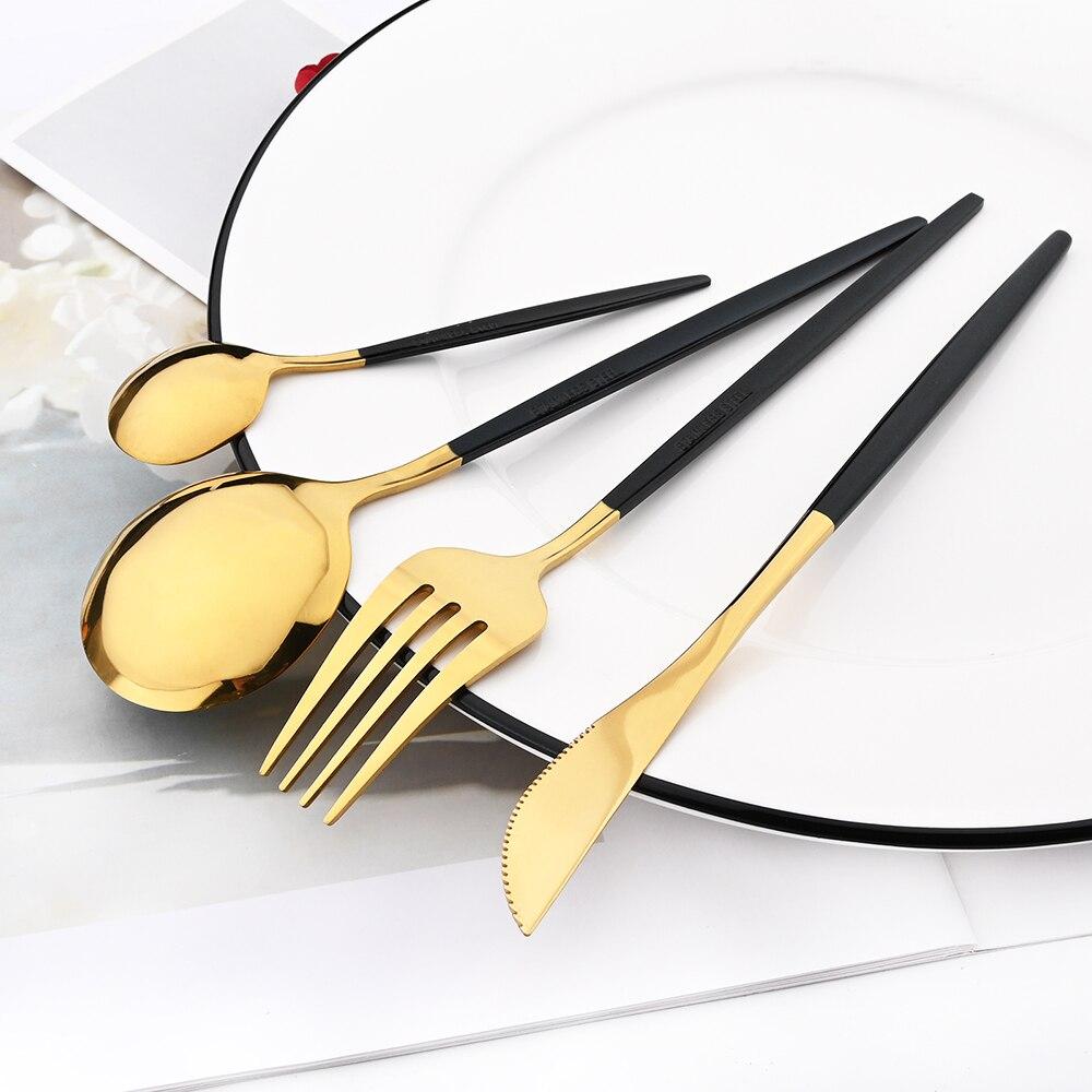 16 Pcs Mirror Black Gold Stainless Steel Cutlery Set Christmas Tableware Dinnerware Set Knife Spoons Cake Fork Home Silverware