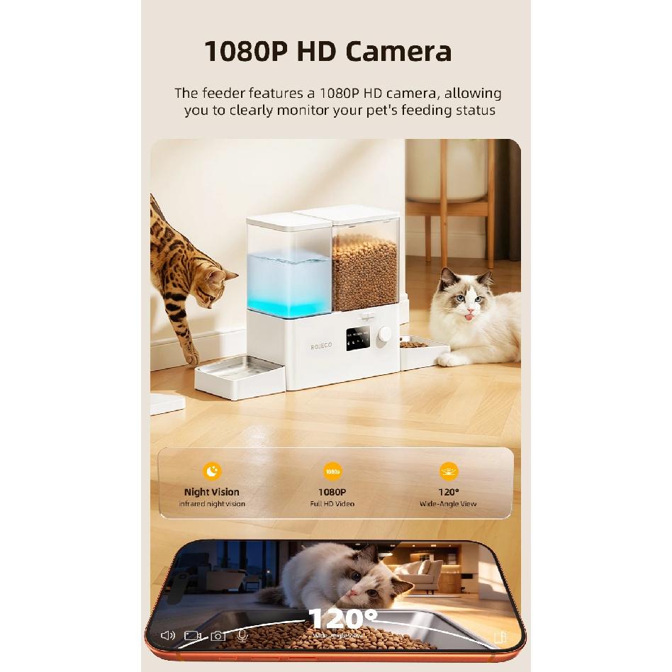 ROJECO 8.5L With Camera Automatic Pet Feeder Water Fountain Button Dog Food Dispenser Water Refill 2 in 1 Drinking Feeding