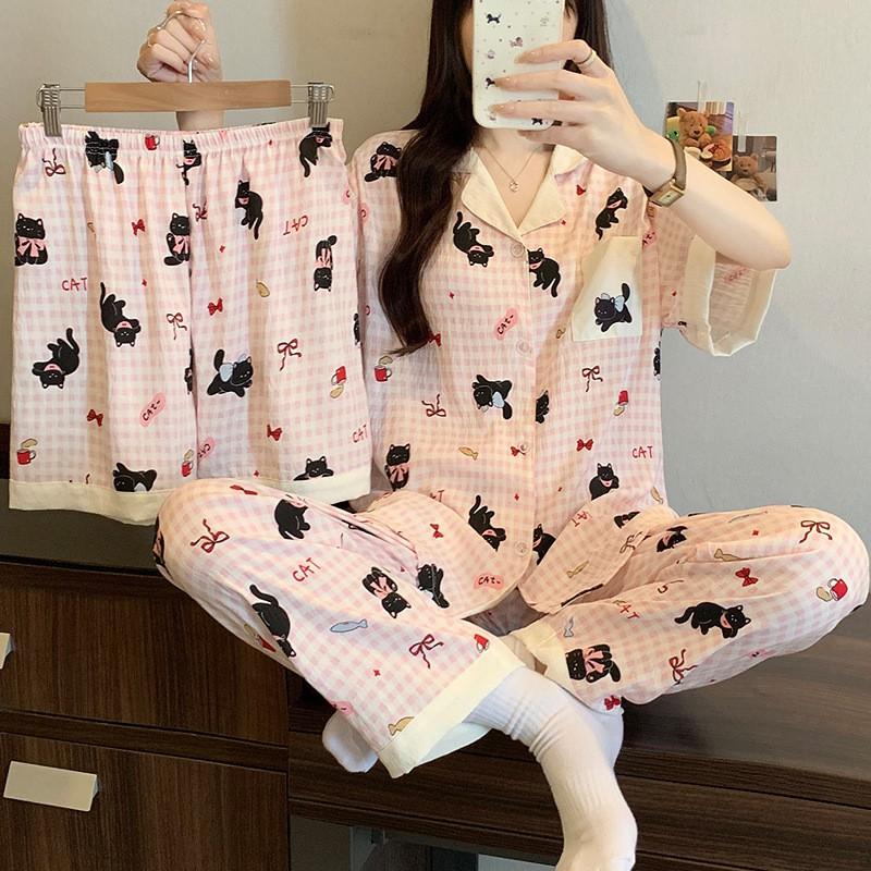 Womens Cloud Cotton Pajama Set Short Sleeve Bow Loose Loungewear 3pcs