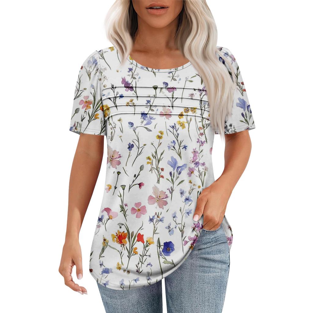 Женская модная рубашка с круглым вырезом и короткими рукавами в складку