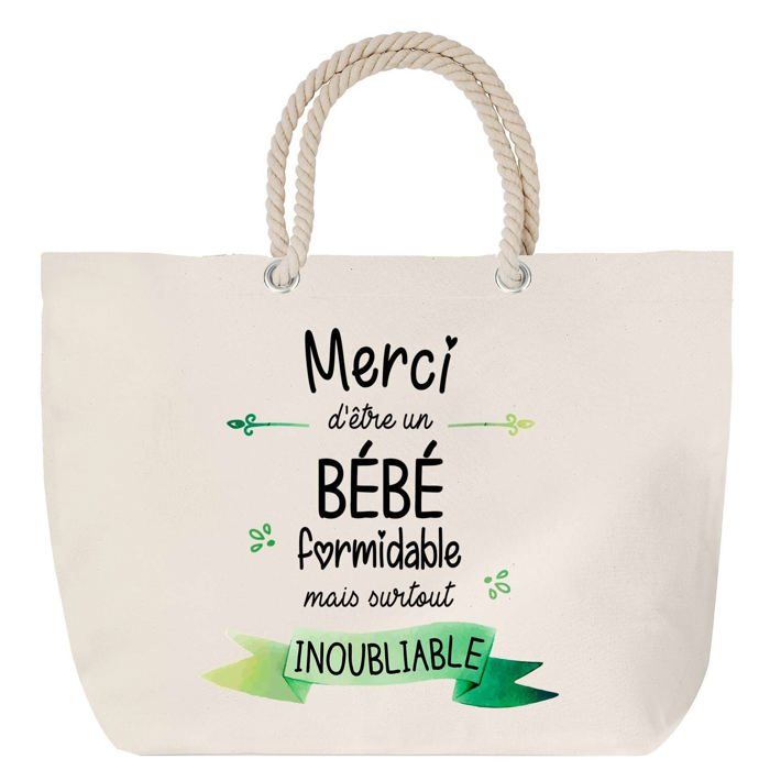 Sac de plage - PLANETEE - Grand anse corde - Coton - Motif « Merci Bébé » - Fabriqué en France