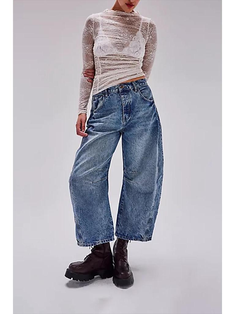 2024 Женские джинсы из выстиранного денима широкого кроя со средней/низкой посадкой