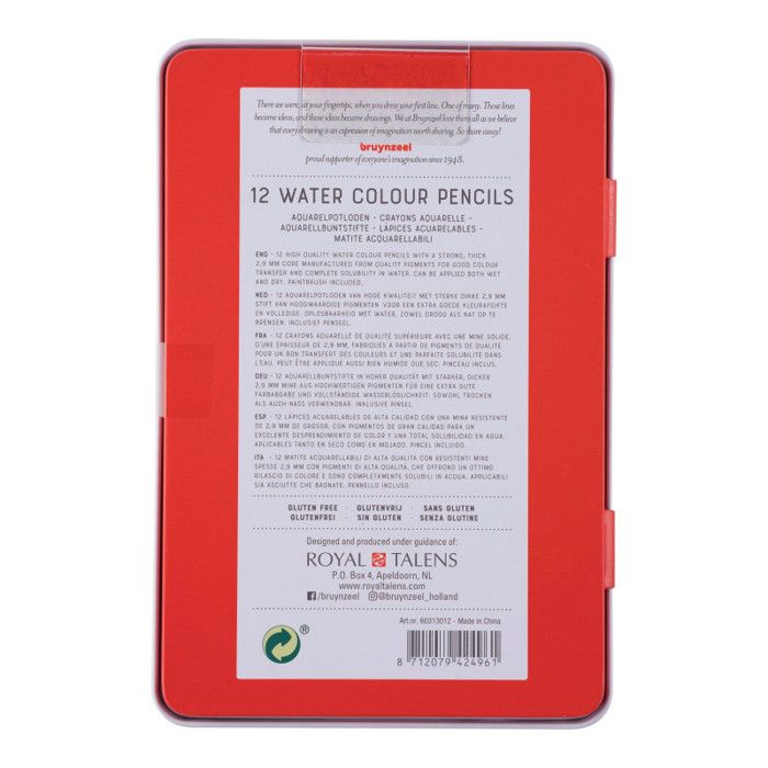 12 crayons de couleur - Aquarelle - Boîte métal - Assortiment couleur - Bruynzeel