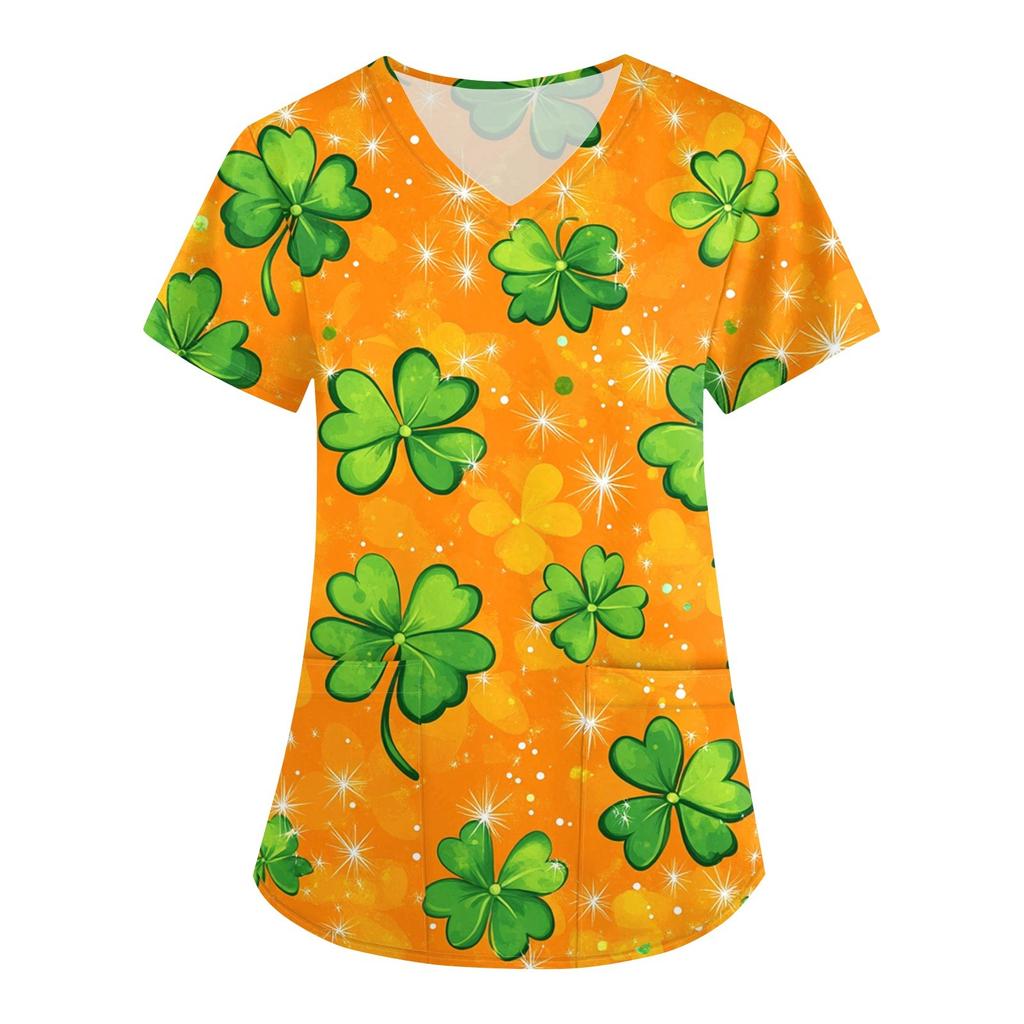 Женская модная рабочая одежда с V-образным вырезом, короткими рукавами и карманами. Верхняя одежда с принтом Патрика