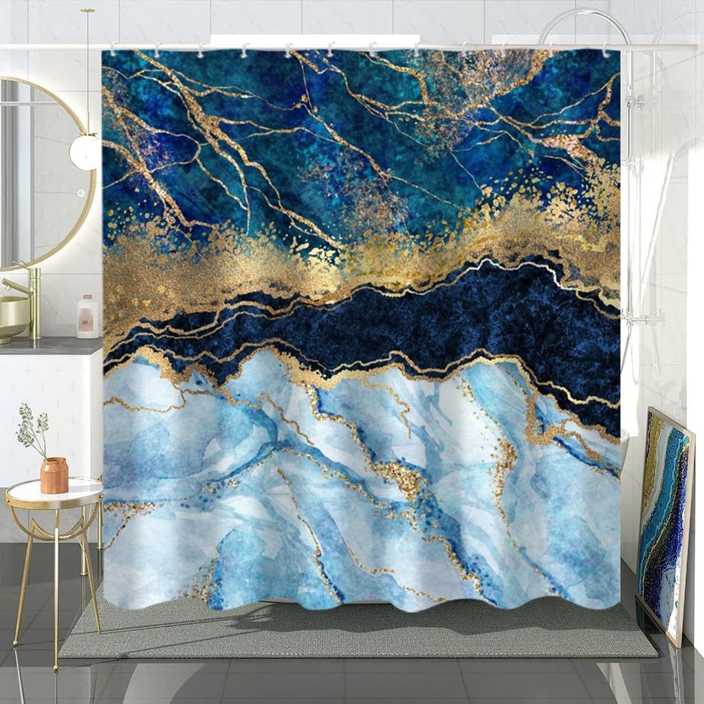 Темно-синяя и золотая мраморная шторка для душа Современная роскошная абстрактная шторка для душа для ванной комнаты с крючками Полиэстер Водонепроницаемая