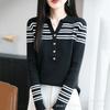Multicolor Striped Lapel Scissor Cut Long-sleeved Knitted Sweater for Women, Spring and Autumn, Youthful, College-style Sweater, Slimming Top