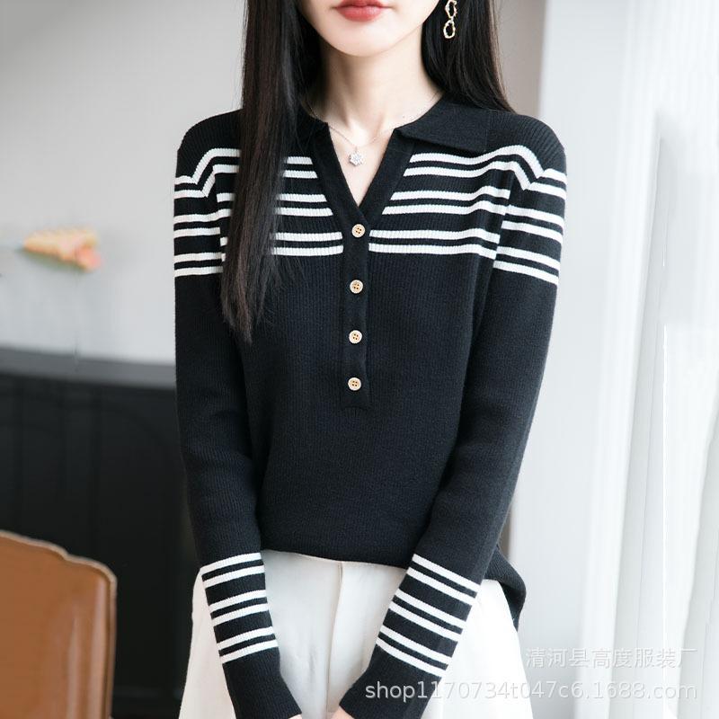 Multicolor Striped Lapel Scissor Cut Long-sleeved Knitted Sweater for Women, Spring and Autumn, Youthful, College-style Sweater, Slimming Top