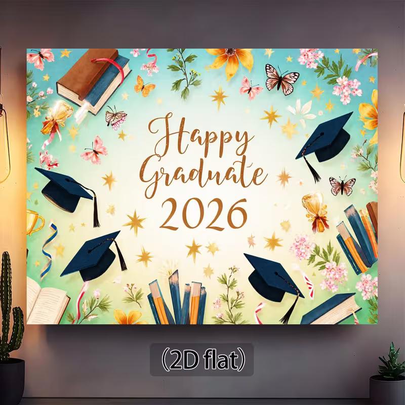 2D Flat "Happy Graduate 2026" Banner, Watercolor Style with Floral and Star Decor Background