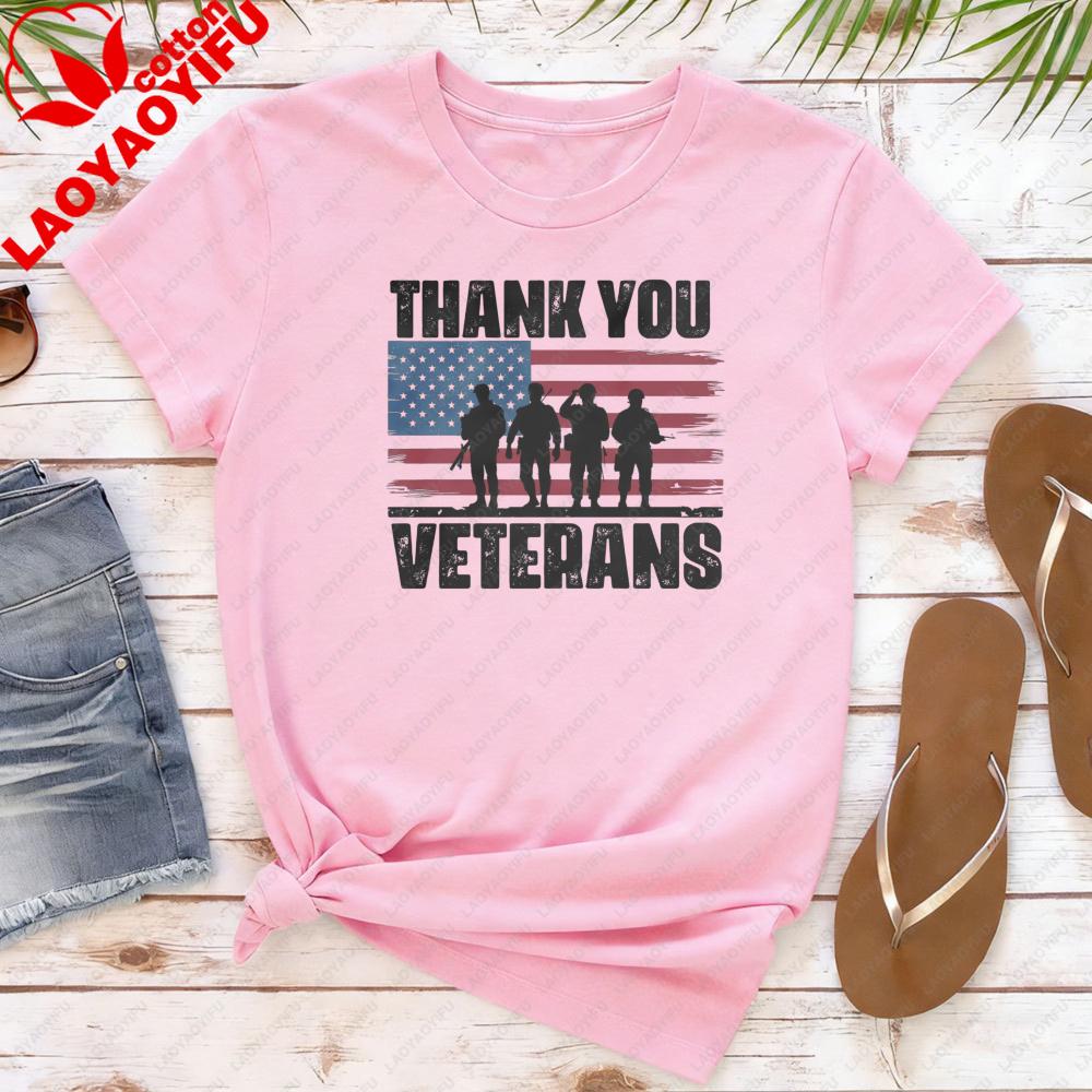 Thank You Veterans Shirt Memorial Day Tops Patriotic USA Flag Shortsleeved Shirt Veterans Day Gift Army Women Clothes