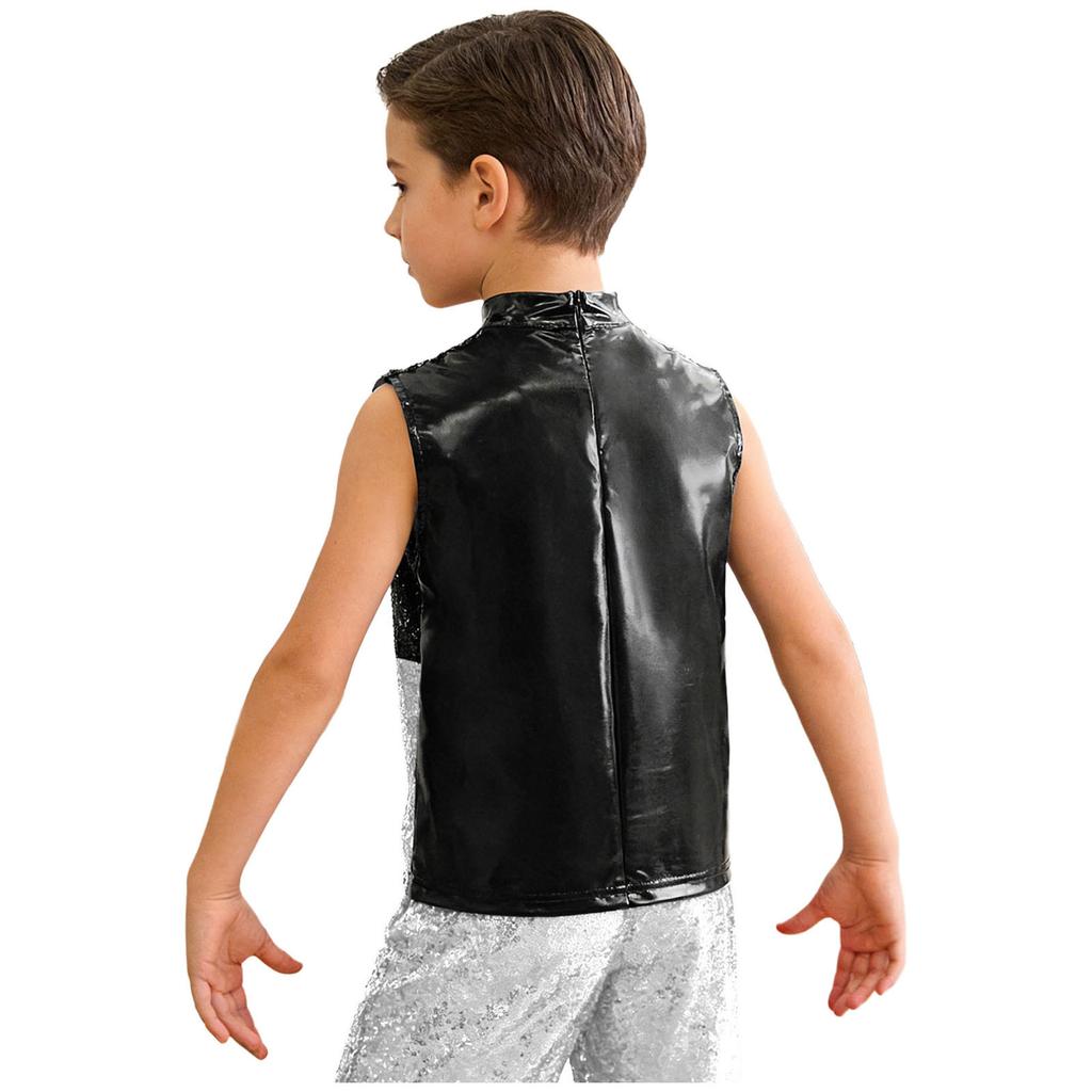 Boys Jazz Dance Top Mock Neck Sleeveless Back Invisible Zipper Shiny Sequins Color Block Stage Costume