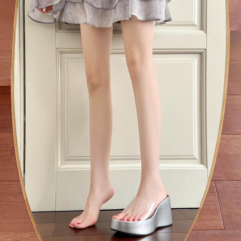 ~ Прозрачные шлепанцы на танкетке, женские, увеличивающие рост, маленькие шлепанцы на толстой подошве, сандалии на высоком каблуке