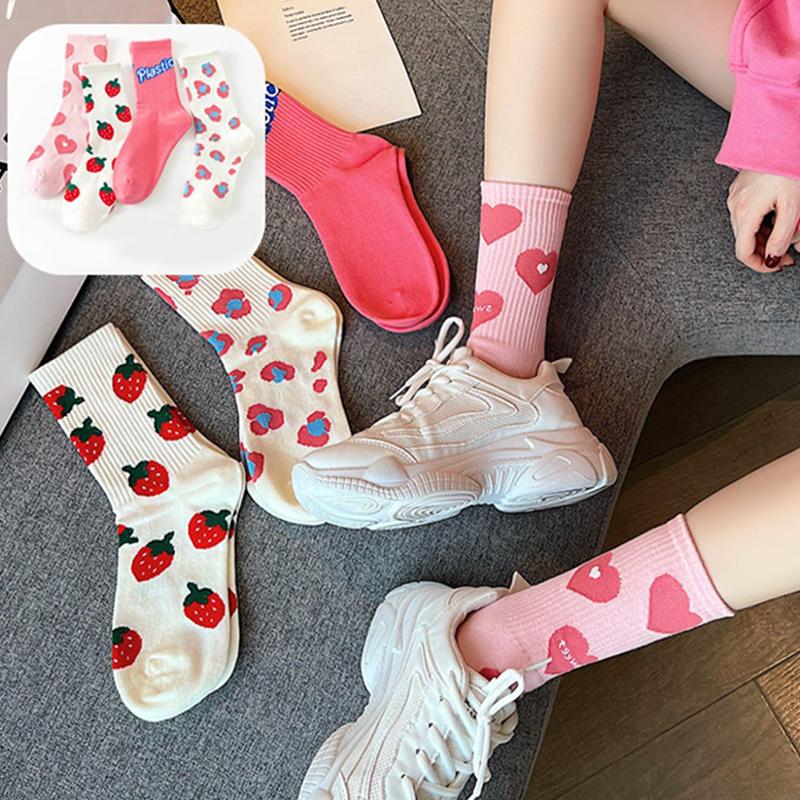 Милые носки Харадзюку с клубничками и надписью 'Love', средней длины, дышащие, осенне-зимние, повседневные