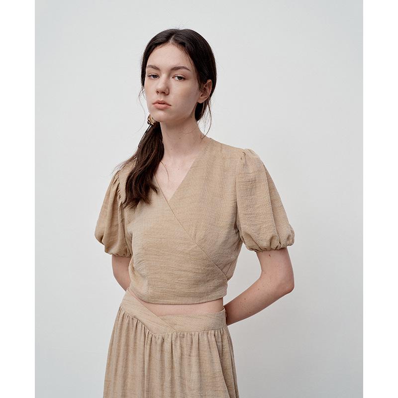 Французская блузка с пышными рукавами и завязками - Женский летний дизайн с V-образным вырезом, возвраты не принимаются