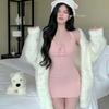 New pink lace-up neck dress women's spring and summer waist and thin hip skirt pure desire a word short skirt