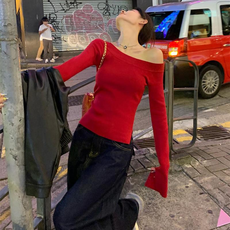 Сексуальный модный вязаный свитер с косым воротником для женщин, осенний, длинный рукав, зима, облегающий свитер с открытыми плечами, женские однотонные шикарные короткие джемперы 25502