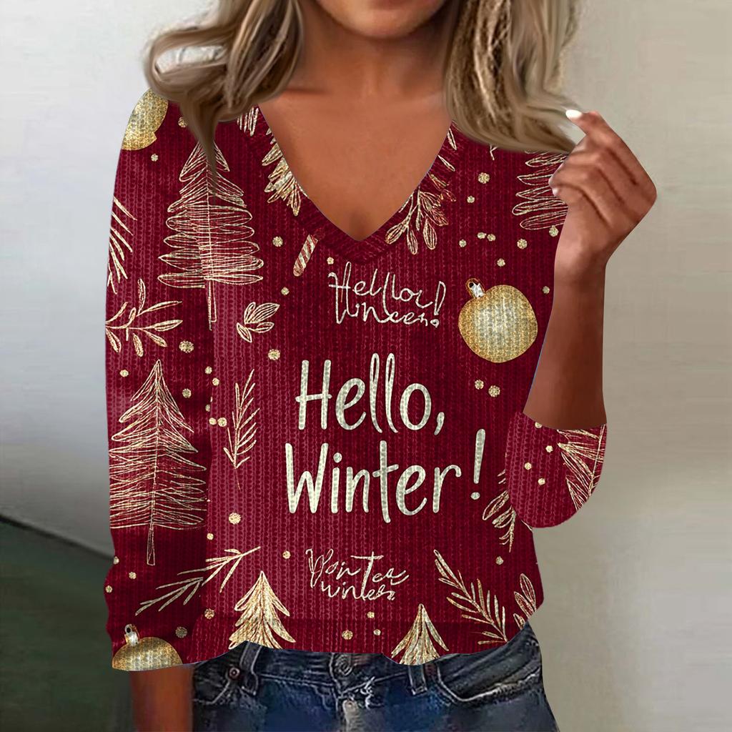 Women's Cute Sweatshirt Knitted Fashion Casual V-neck Long-sleeved Cozy Print Top