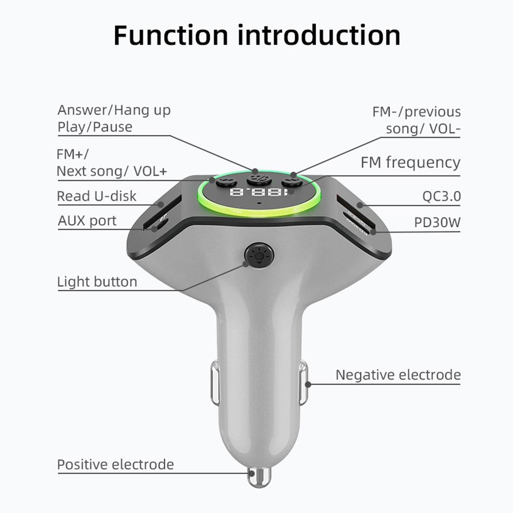 PD30W+QC3.0 Bluetooth 5.3 Автомобильный MP3-плеер FM-передатчик Беспроводная громкая связь Воспроизведение с USB-накопителя Адаптер быстрой зарядки USB Type-C для автомобиля