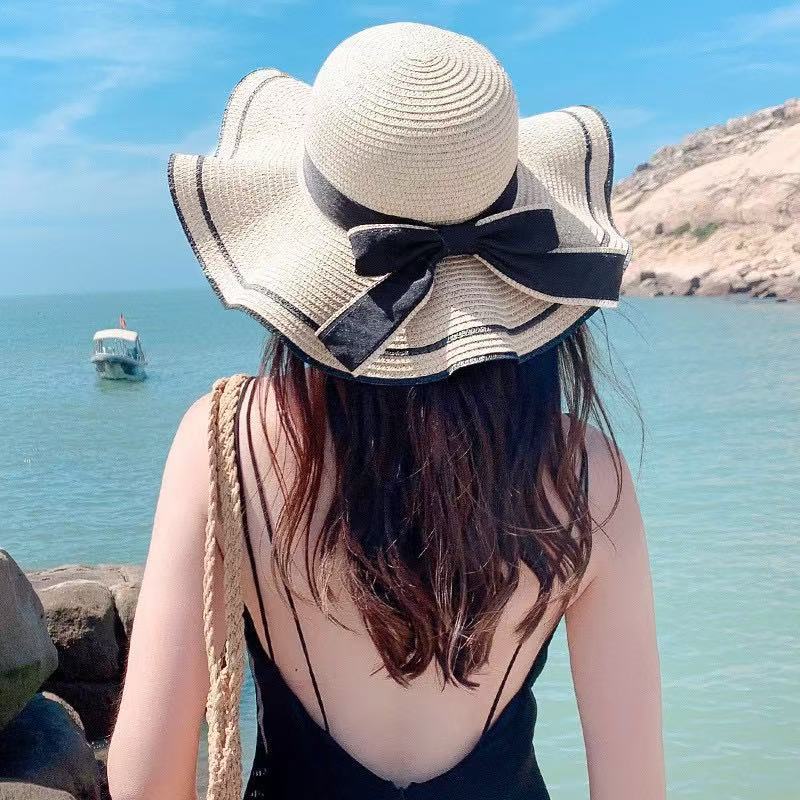 New bow lace straw hat women's summer seaside beach vacation sun hat large brim sun protection hat