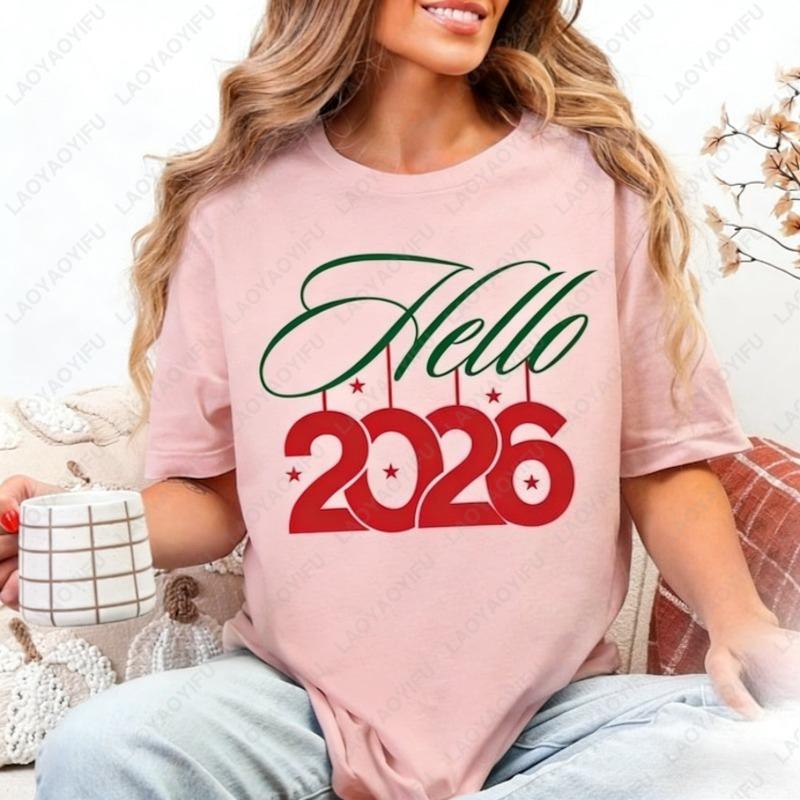 Hello 2026 New Years Eve Matching Unisex Adult Cotton Tee Festival Graphic Simple Style Regular Short Sleeve Lovers Clothes