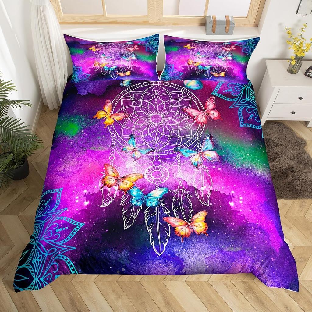 Teal Purple Butterfly Duvet Cover Queen King Size Floral Boho Decor Aesthetic Mandala Bedding Butterfly Print Set 3 Pcs