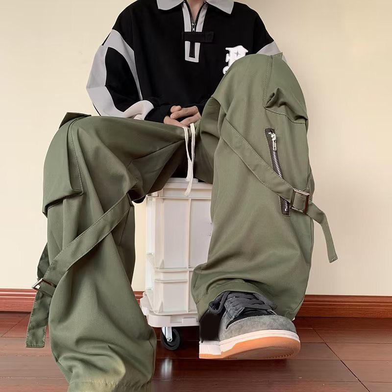 Spring Autumn Green Cargo Pants Men Oversize Zipper Work Pants for Men Cargo Trousers Male Streetwear Hip Hop Pocket Loose Casual Workwear