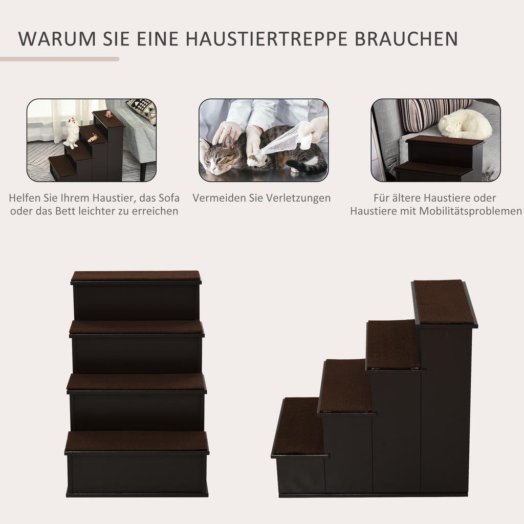 Pet Stairs, for Dogs/Cats, 4-Step, Short Plush, up to 30 kg, 40 x 59 x 54.2 cm, Dark Brown