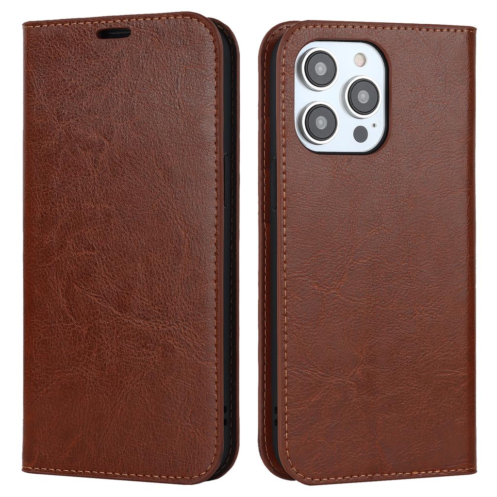 For iPhone 15 Pro Max Crazy Horse Texture Wallet Phone Cover Genuine Cow Leather Stand Case