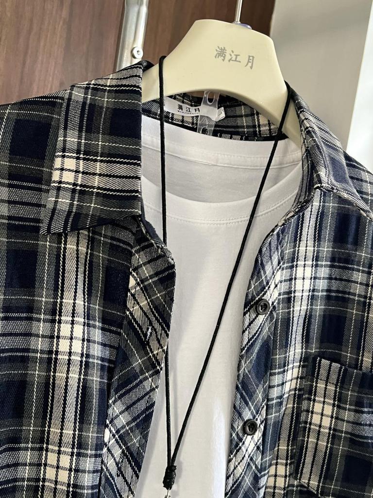 Man Jiang Yue Navy Blue Plaid Women's Long Sleeve Shirt - Hong Kong Style Chic & Lightweight