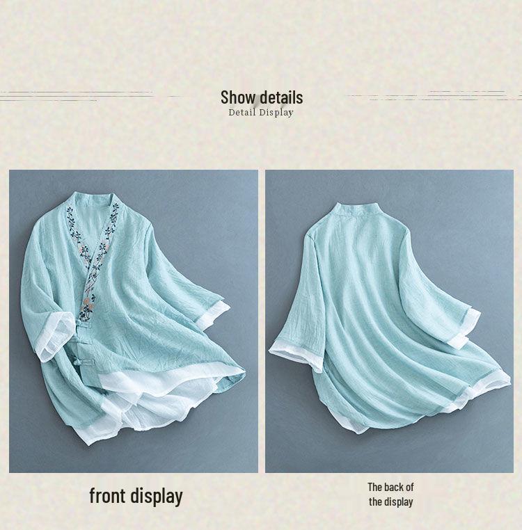 Women's V-Neck Cotton Linen Shirt - Spring/Summer 2024, Loose Fit, Large Size, Casual Short-Sleeve