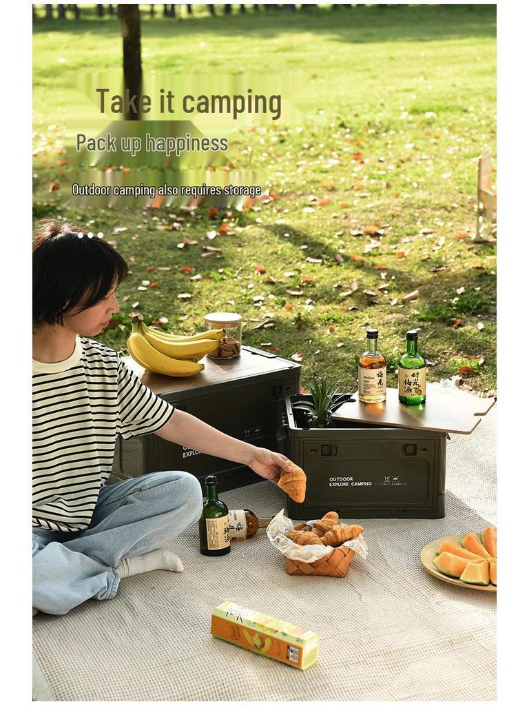 Portable Wheeled Camping Storage Box with Wooden Lid and Side-Opening Access