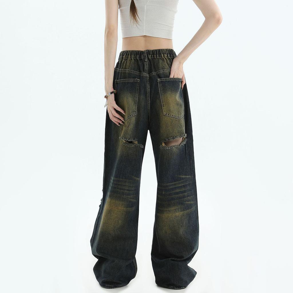 Женская мода ретро личность потертый старый с высокой талией ретро свободные прямые джинсы