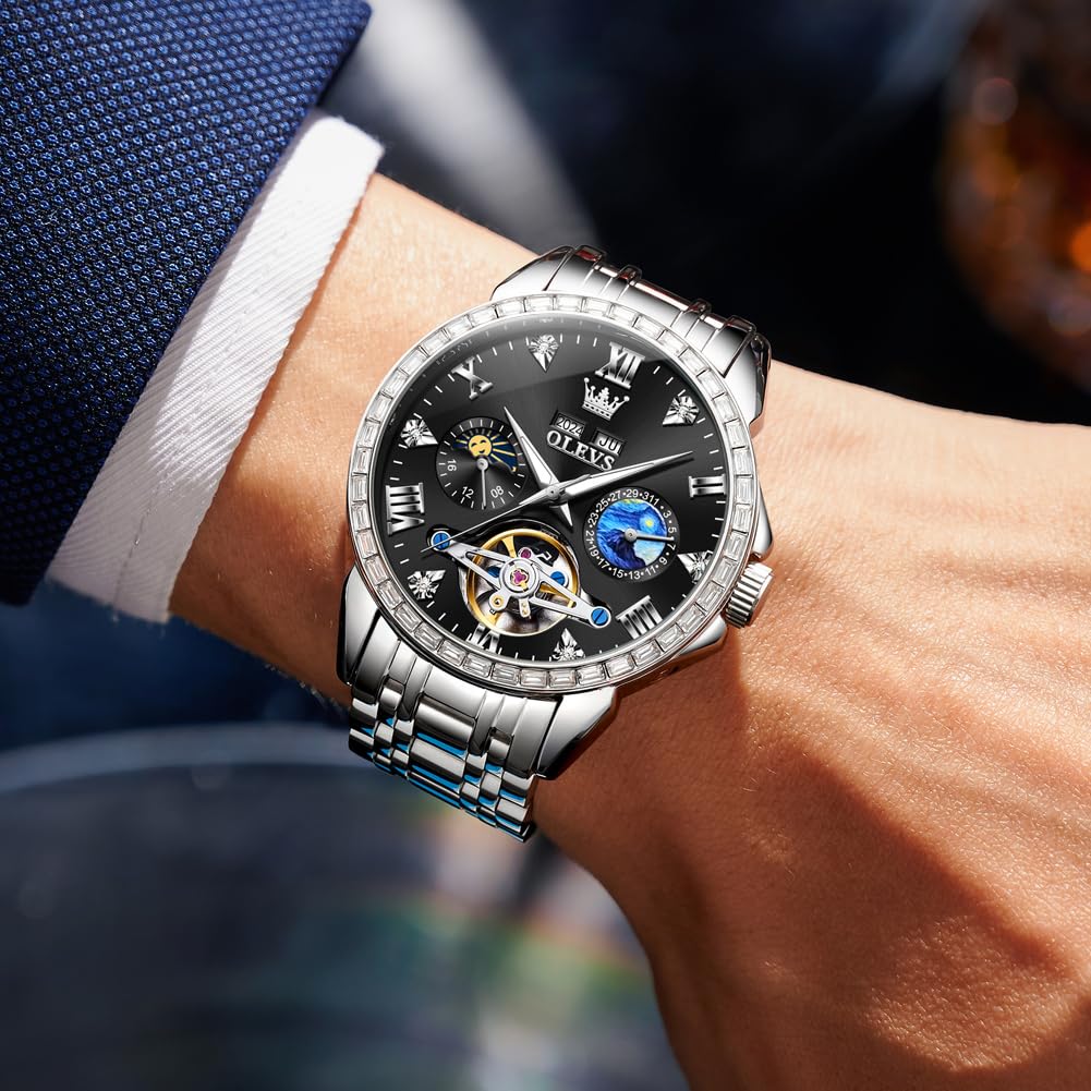 OLEVS автоматические часы механические скелетонированные бриллианты популярные календарные водонепроницаемые светящиеся часы для мужчин из нержавеющей стали стильные брендовые черные мужские