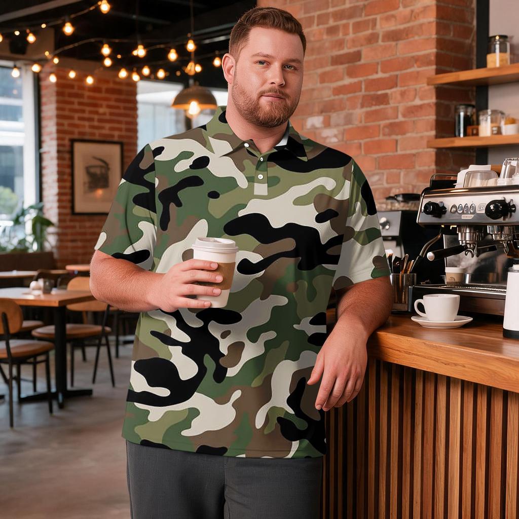 Men's Big Size Camouflage Print Golf Shirt Breathable Short Sleeve Polo Shirt Suitable for Casual Workwear Tops