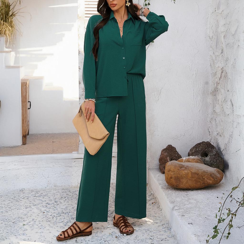 Spring and Summer Women's Casual Commuter Holiday Style Solid Colour Button Cardigan Top Wide Leg Trousers Suit