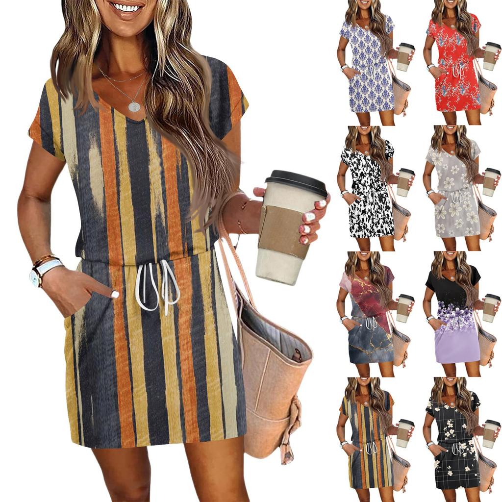 Women's Summer V-Neck Casual Short Sleeve Drawstring With Pocket Vintage Floral Dresses