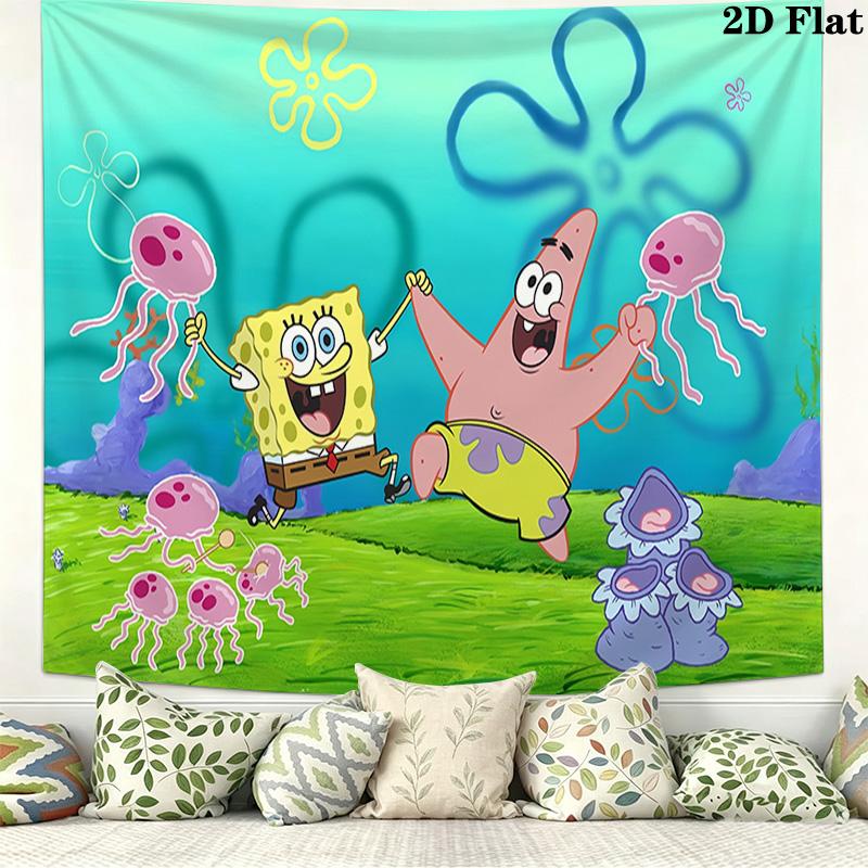 Cartoon Spongebob Wall Tapestry Aesthetic Wall Hanging Printed Fabric Blanket Decorative Tapestries for Bedroom Living Room Home Decor