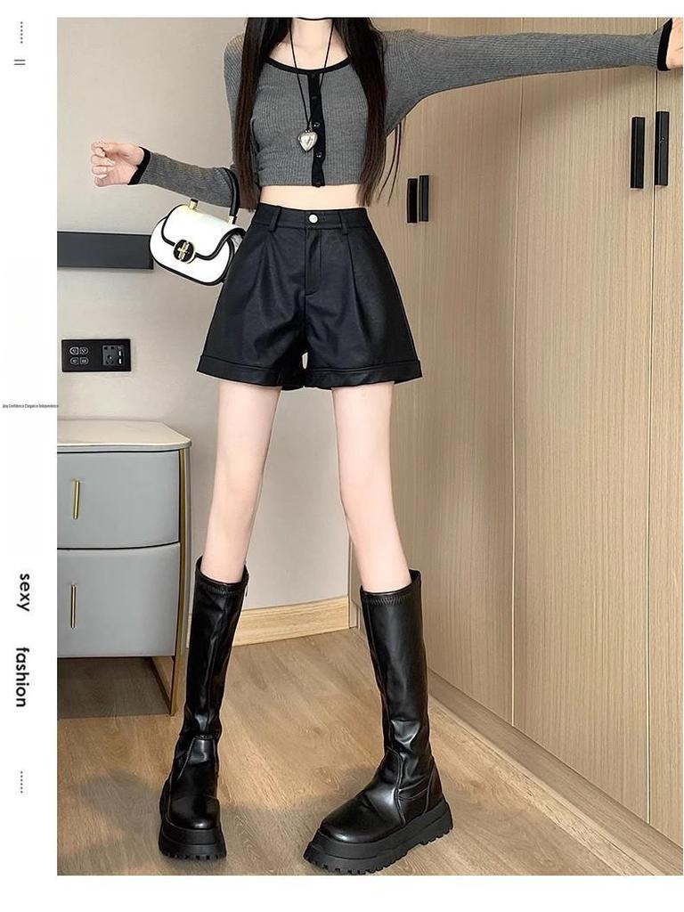 Women's High Waist PU Leather Shorts: Slim, Casual, Wide-Leg Design for Spring, Autumn, and Winter.